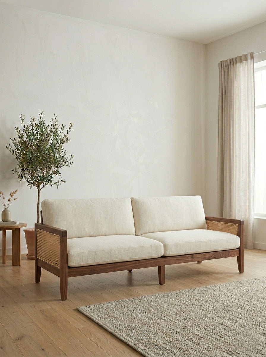 Evren Solid Wood Rattan Sofa